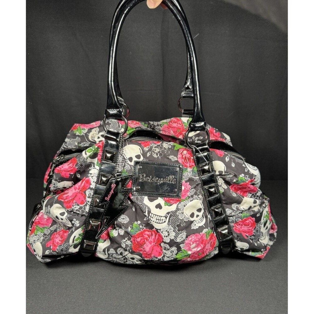 Y2K Betsey Johnson Betseyville Bag Skull Roses Studded Pink Whimsy Goth - Picture 2 of 10